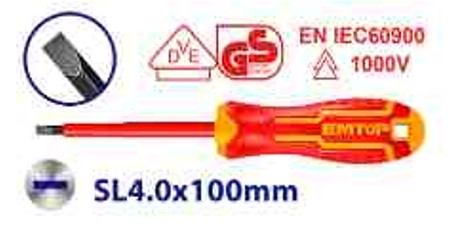 Insulated Screwdriver SL4.0×100mm, VDE+GS Certified, Cr-V Round Shank